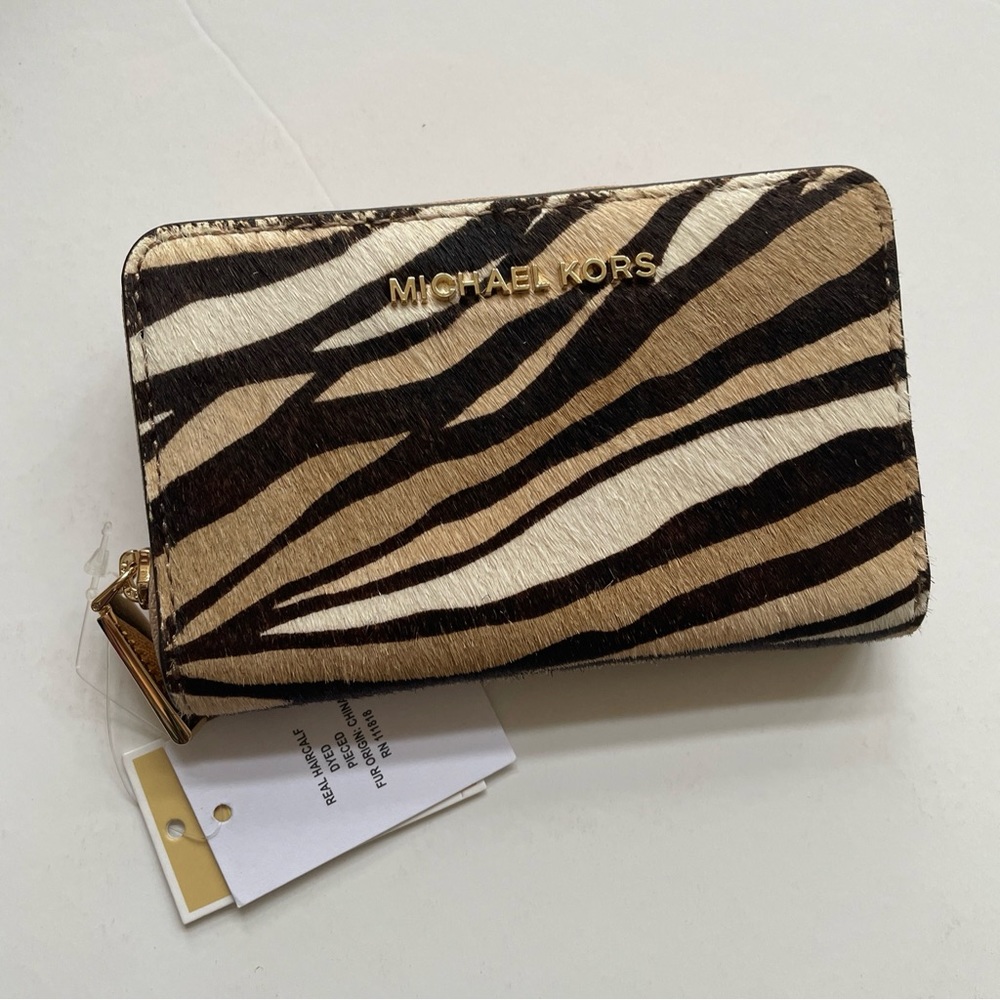 MICHAEL Kors Camel Multi Jet Set Small Zip Coin & Card Cases CalfHair Wallet New